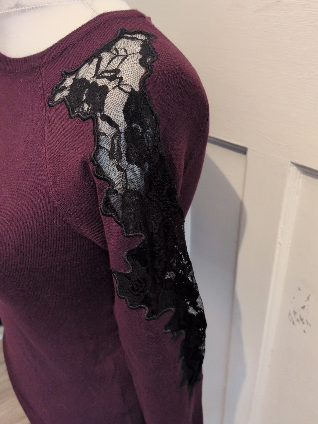 Debenhams 10 Deep Purple With Black Lace Sleeve Jumper