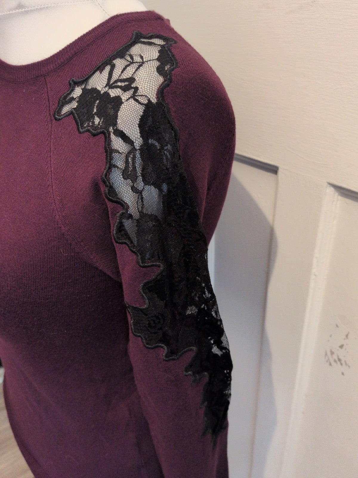 Debenhams 10 Deep Purple With Black Lace Sleeve Jumper