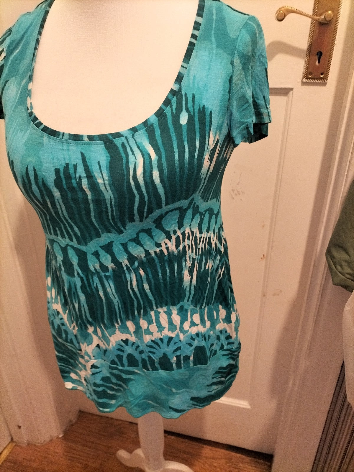 Ladies Per Una Size 12 Turquoise Blue Patterned Short Sleeved Blouse