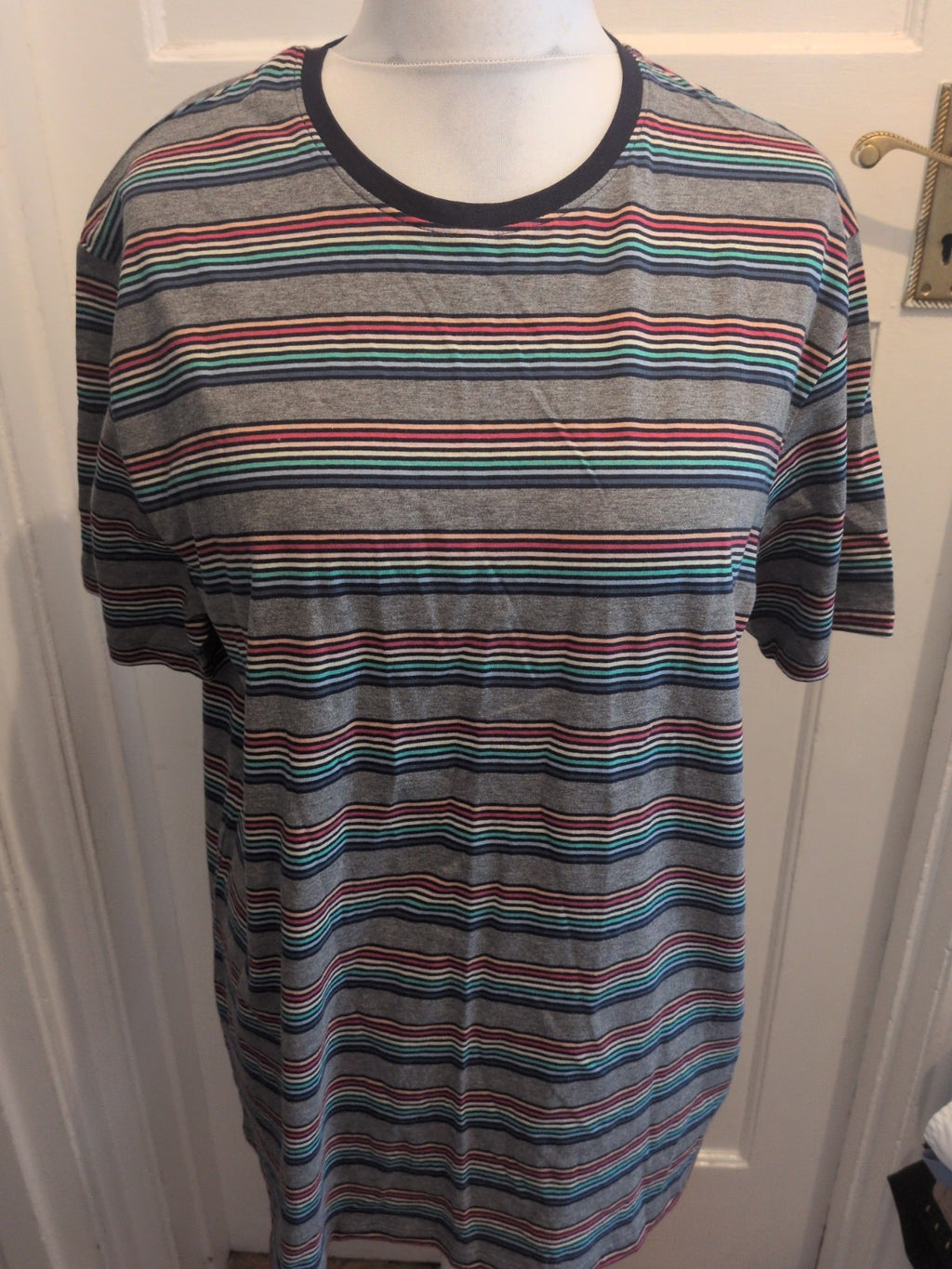 M&S Large Grey With Multicoloured Striped Short Sleeve Pyjama Top