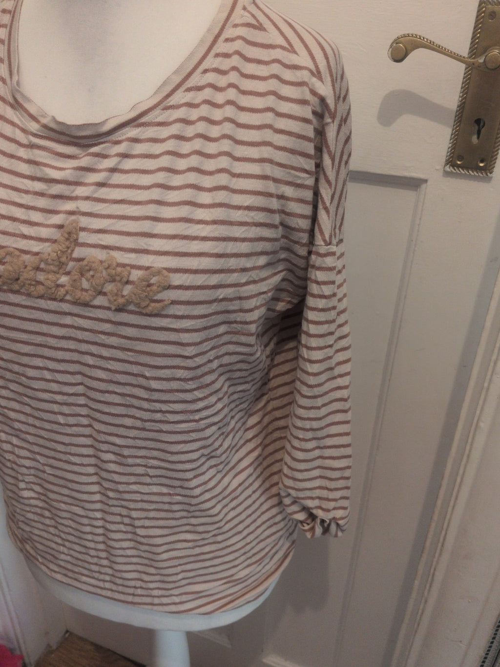 Beloved Medium Brown And White Half Sleeve Stripe T-shirt