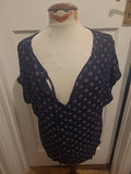 Ladies M&S Size 16 Navy With Orange Short Sleeved V Neck Blouse