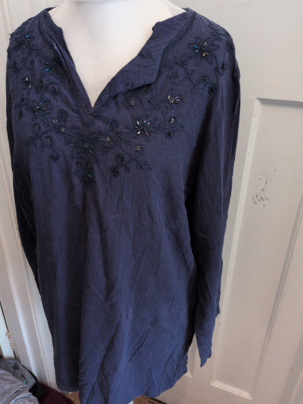 Arcadia 20 Navy Long Sleeve Embroidery Neck Blouse