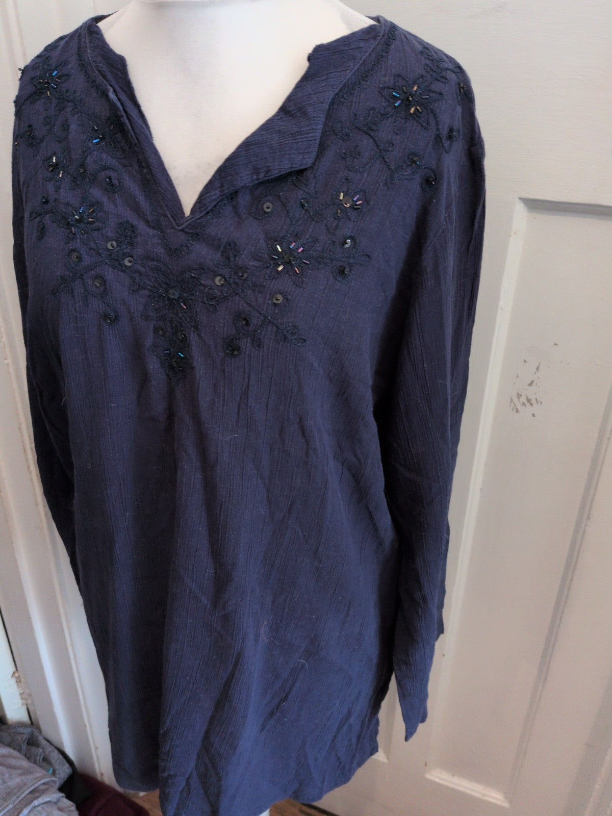 Arcadia 20 Navy Long Sleeve Embroidery Neck Blouse