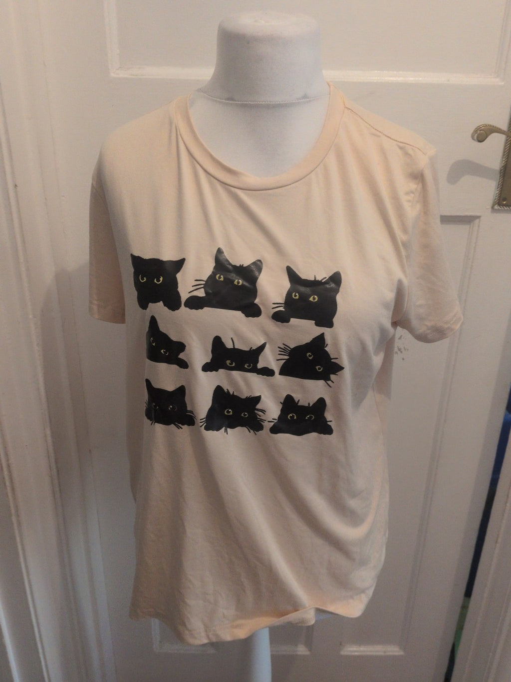 XL Beige With Black Cat Print Short Sleeve T-shirt