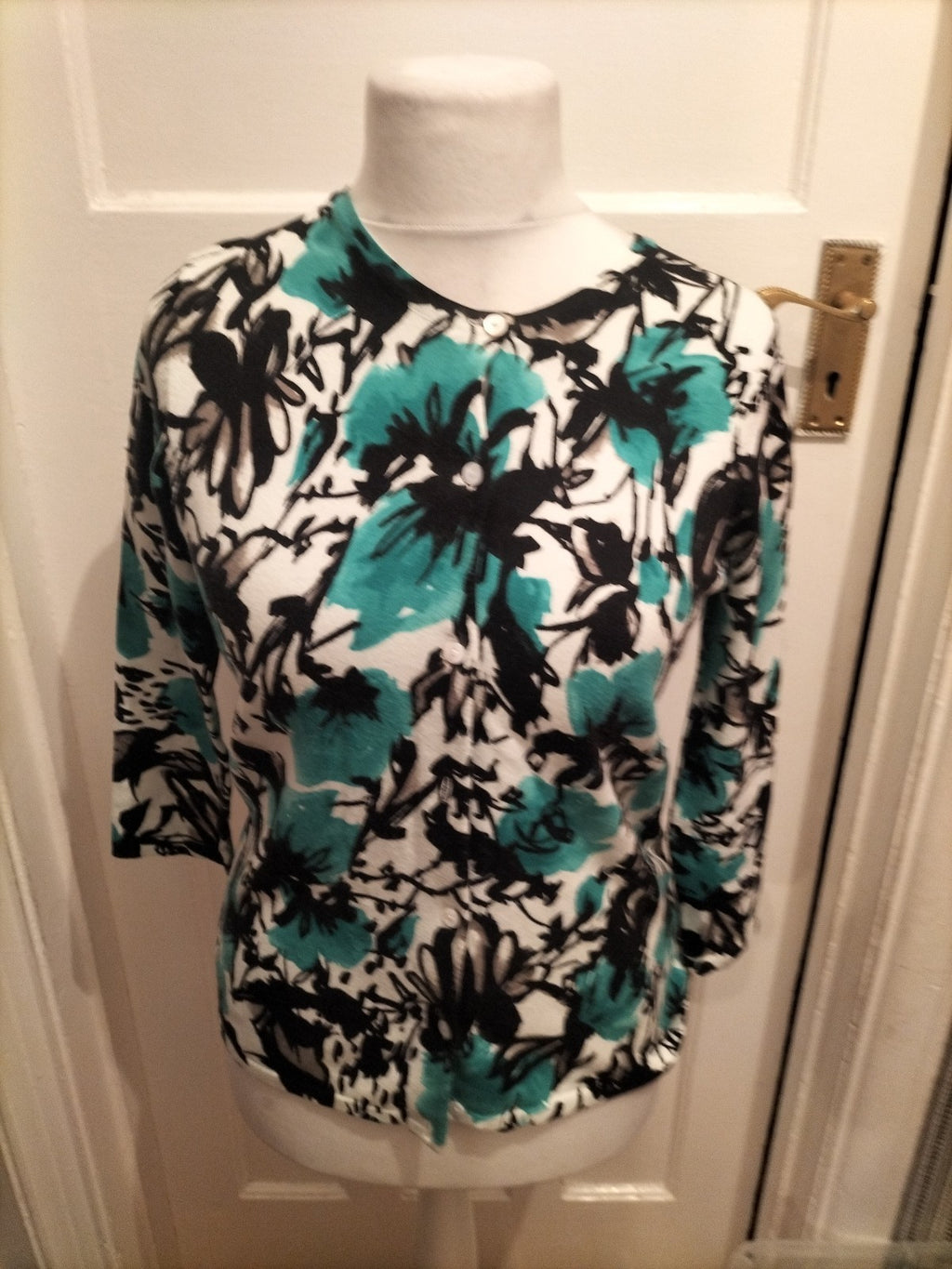 Ladies Susan Bristol Size 12 Turquoise Black And White Cardigan