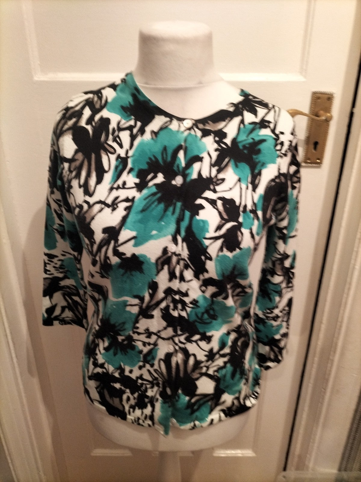 Ladies Susan Bristol Size 12 Turquoise Black And White Cardigan