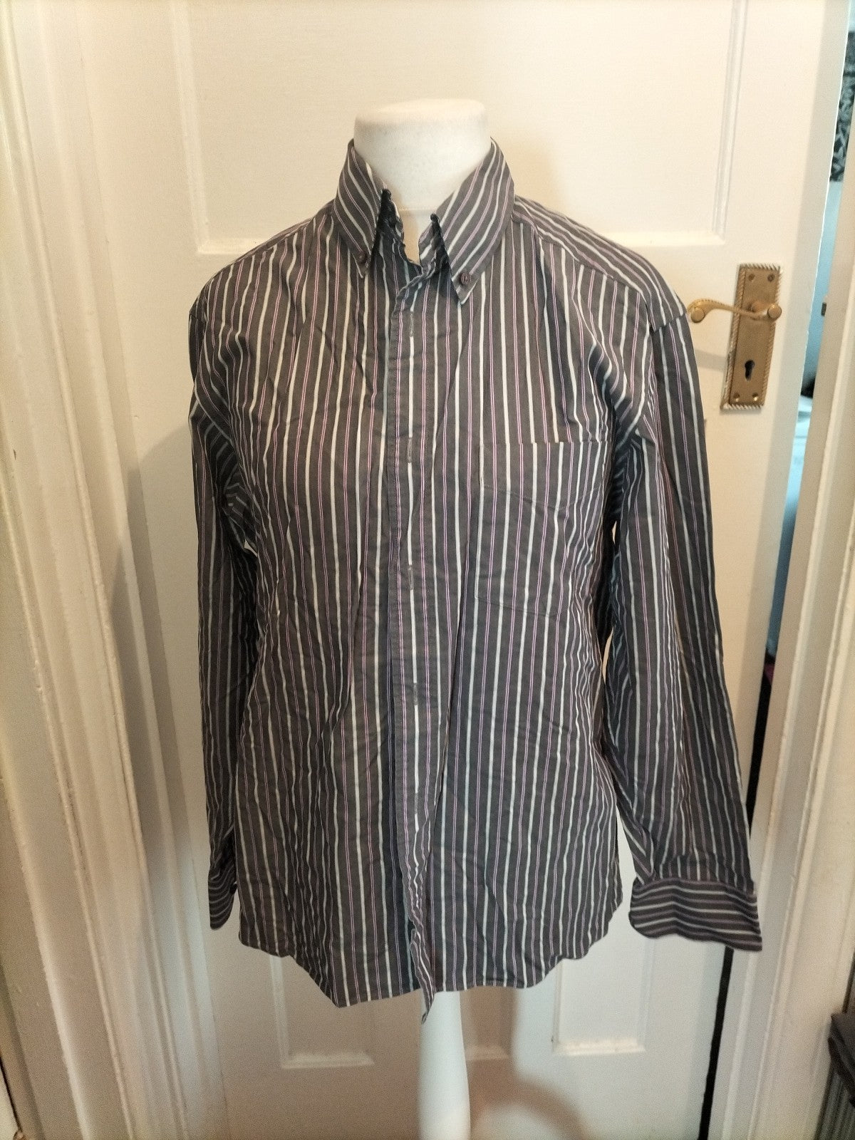 Mens Blue Harbour Size M Charcoal/Purple/White Striped Long Sleeved Shirt