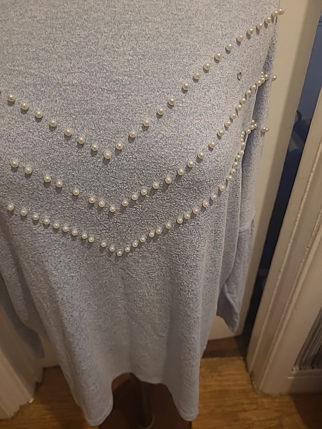 Ladies Select Size Large Blue With Pearl Design Detail Long Sleeved Blouse