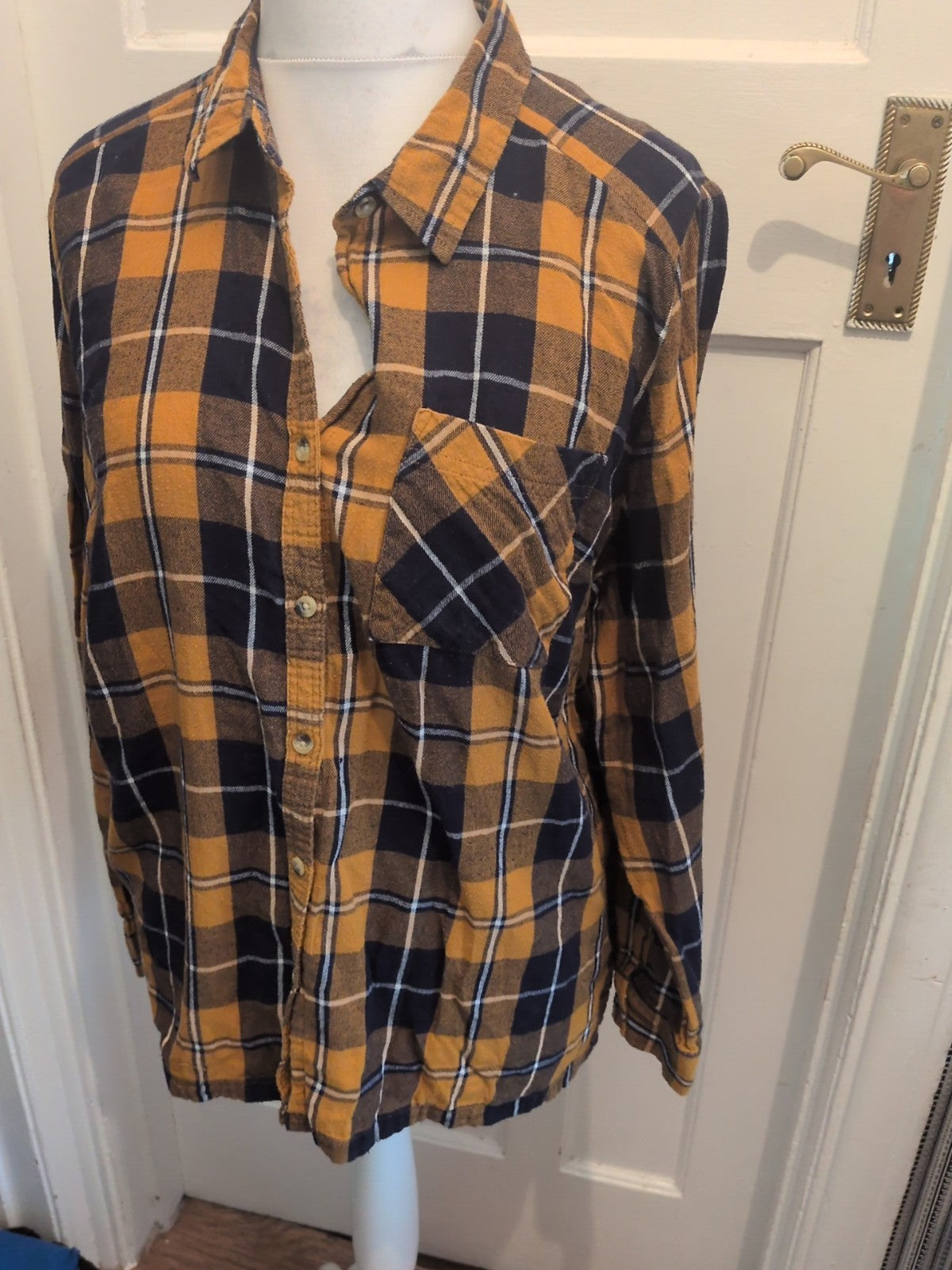 Primark 20 Orange Navy Check Long Sleeve Shirt