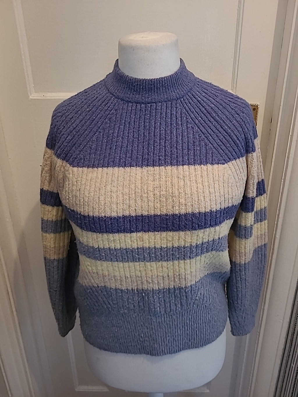 Ladies M&S Collection Size Small Blue And White Cowl Neck Jumper