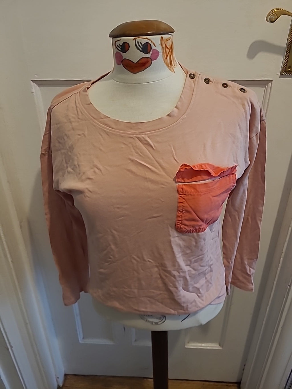 Ladies White Stuff Size 10 Pale Pink Long Sleeved Red Pocket Tshirt