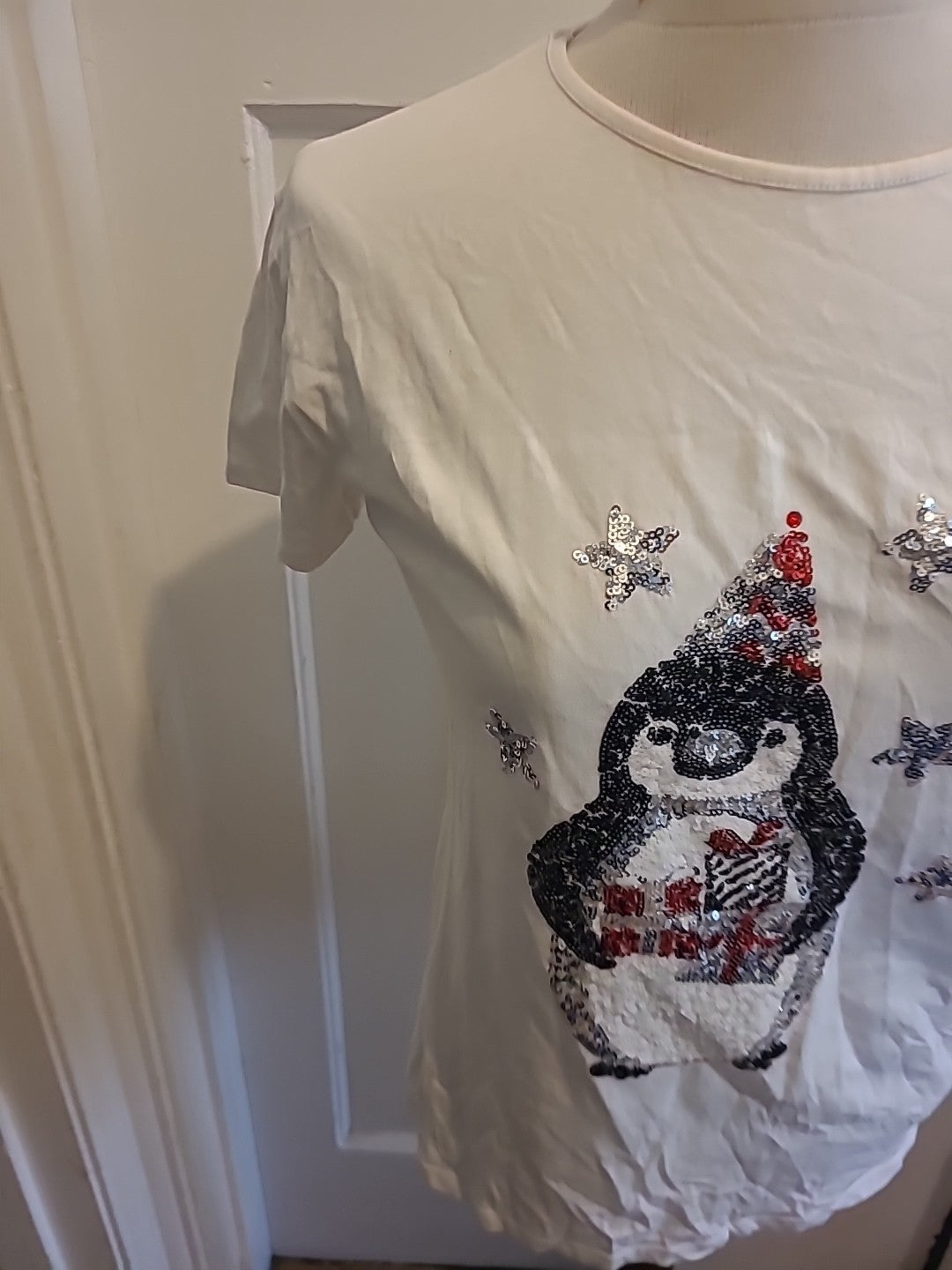 Unisex Marks And Spencer 12-13 Years White Xmas Penguin Short Sleeved Tshirt