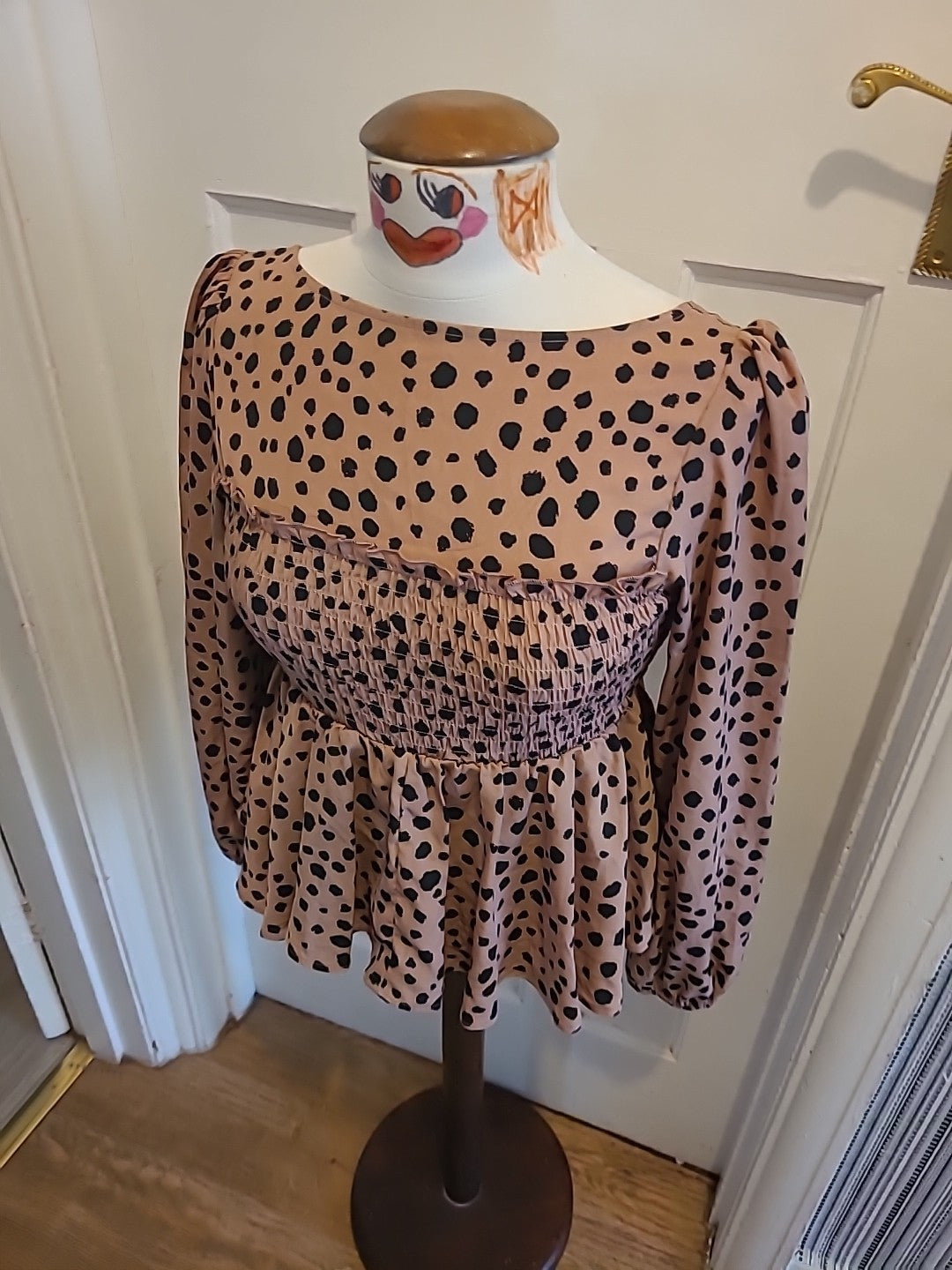 Ladies Shein Size Small Pink And Black Spotted Long Sleeved Top