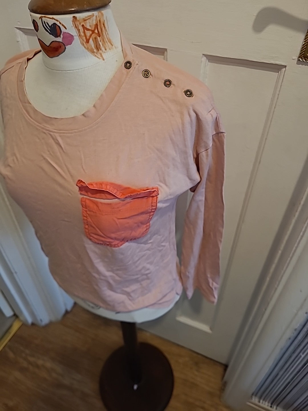 Ladies White Stuff Size 10 Pale Pink Long Sleeved Red Pocket Tshirt