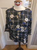 Ladies Peacocks Size 10 Black Blue White Floral Mid Sleeved Blouse