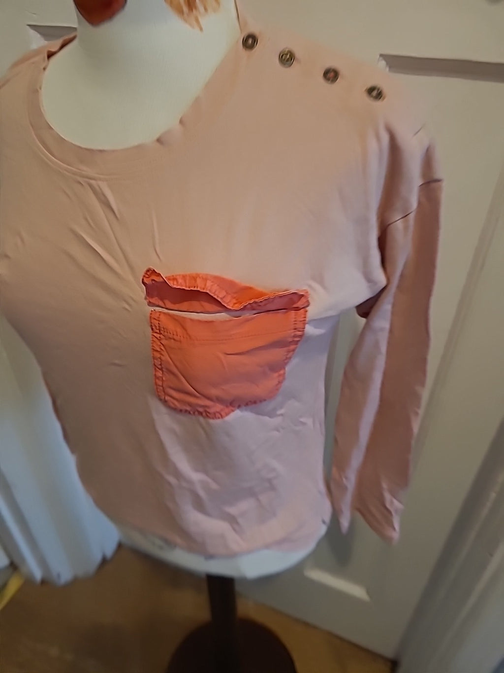 Ladies White Stuff Size 10 Pale Pink Long Sleeved Red Pocket Tshirt