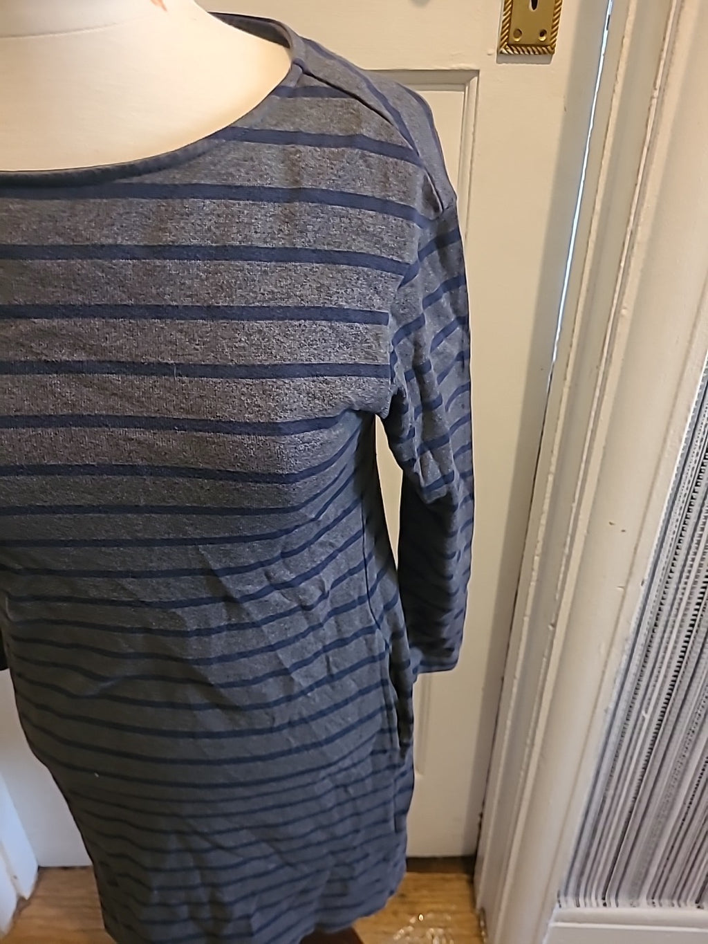 Ladies Uniqlo Size XS Grey And Navy Striped Mid Sleeved Dress