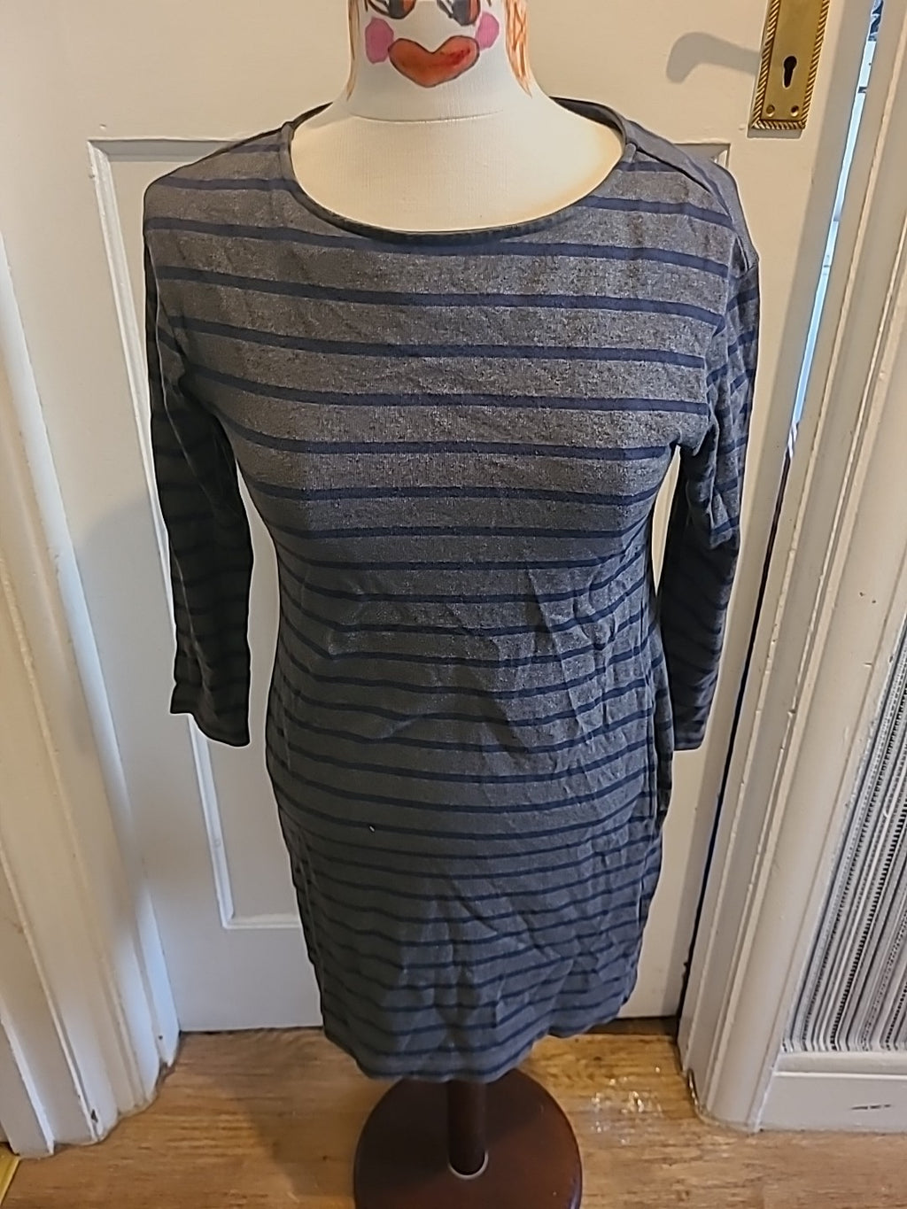 Ladies Uniqlo Size XS Grey And Navy Striped Mid Sleeved Dress