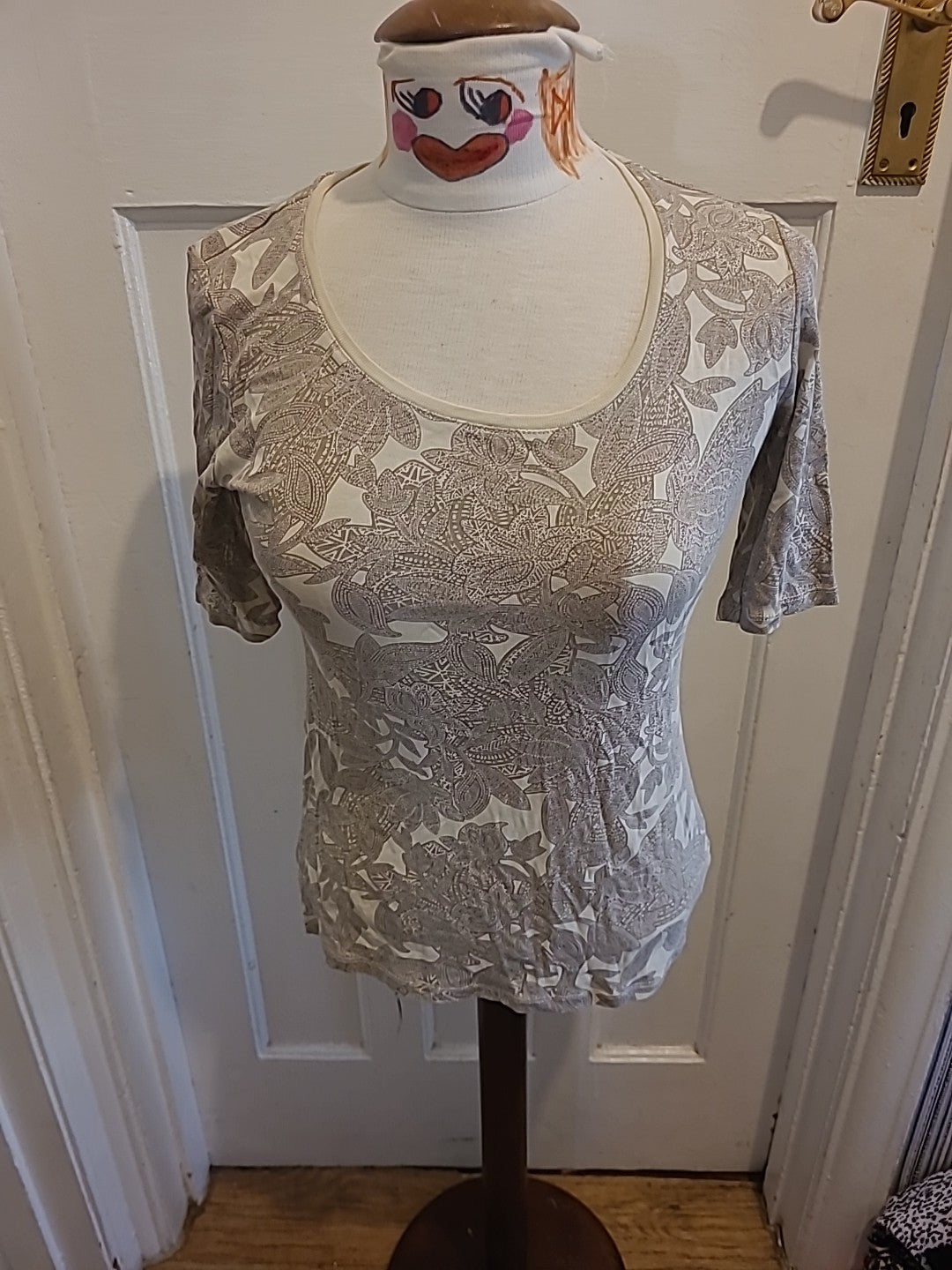 Ladies Marks And Spencer Size 10 Brown/ivory/beige Floral Short Sleeved Blouse