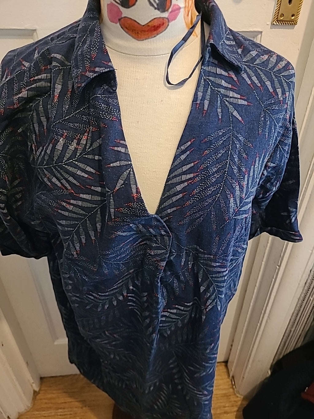 Ladies Peacocks 10 Navy Leaf Design Short Sleeved Oversized Blouse/Dress