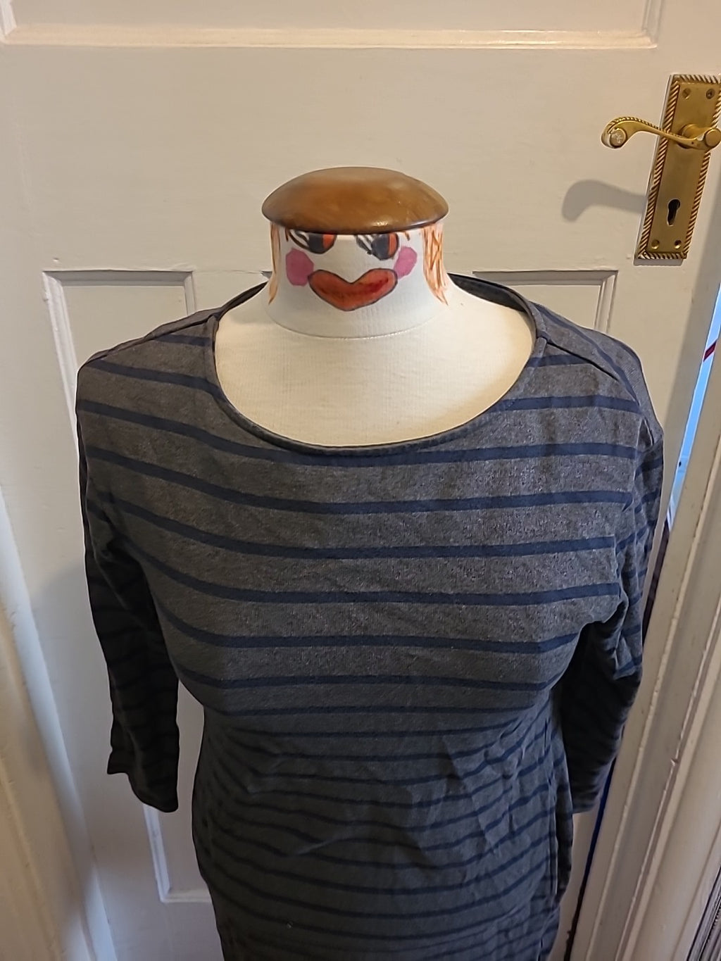 Ladies Uniqlo Size XS Grey And Navy Striped Mid Sleeved Dress