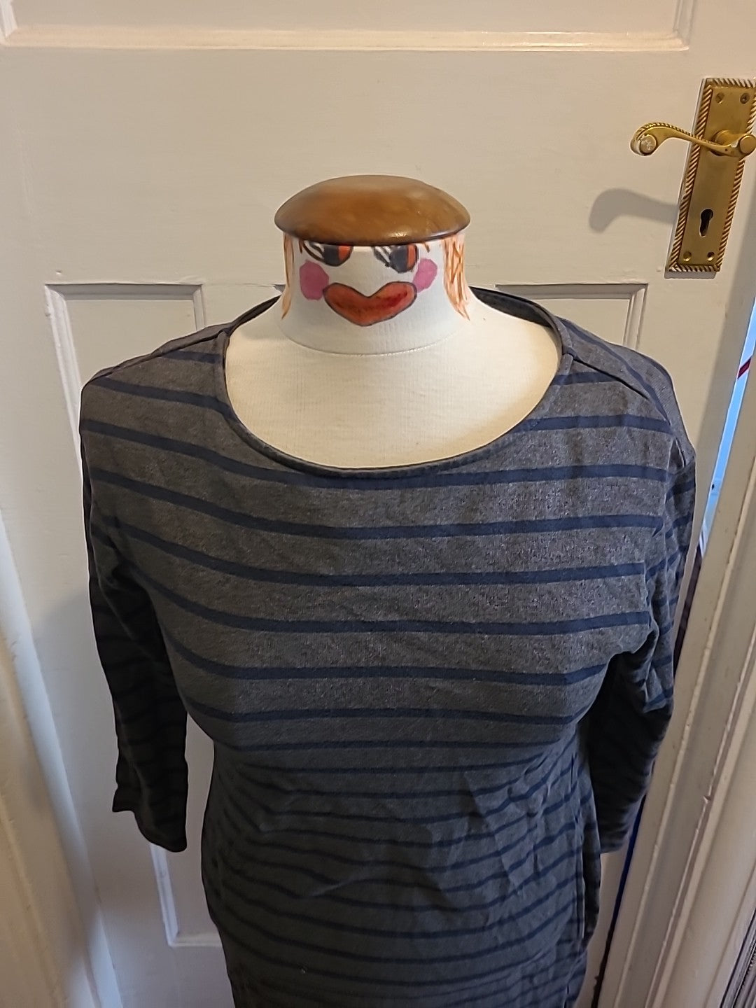 Ladies Uniqlo Size XS Grey And Navy Striped Mid Sleeved Dress