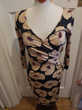 Ladies Phase Eight Size 8 Beige Black Floral Mid Sleeved Dress