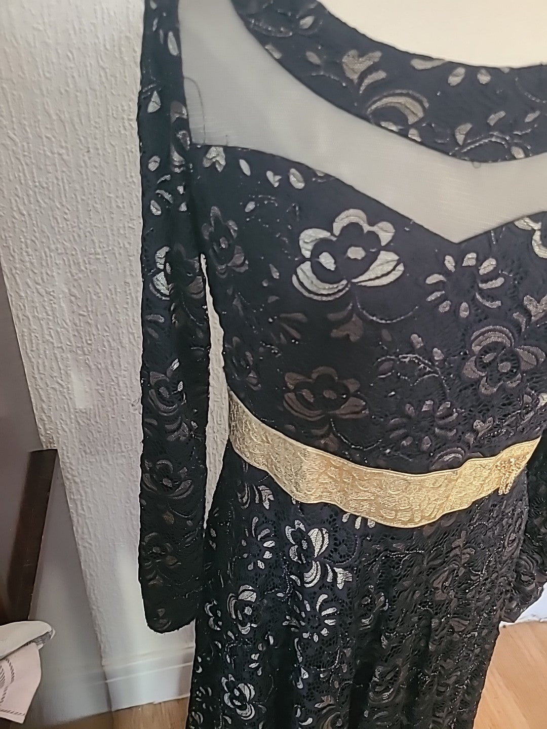 Ladies Rupali Medium Black Silver Long Sleeved Lace Long Dress